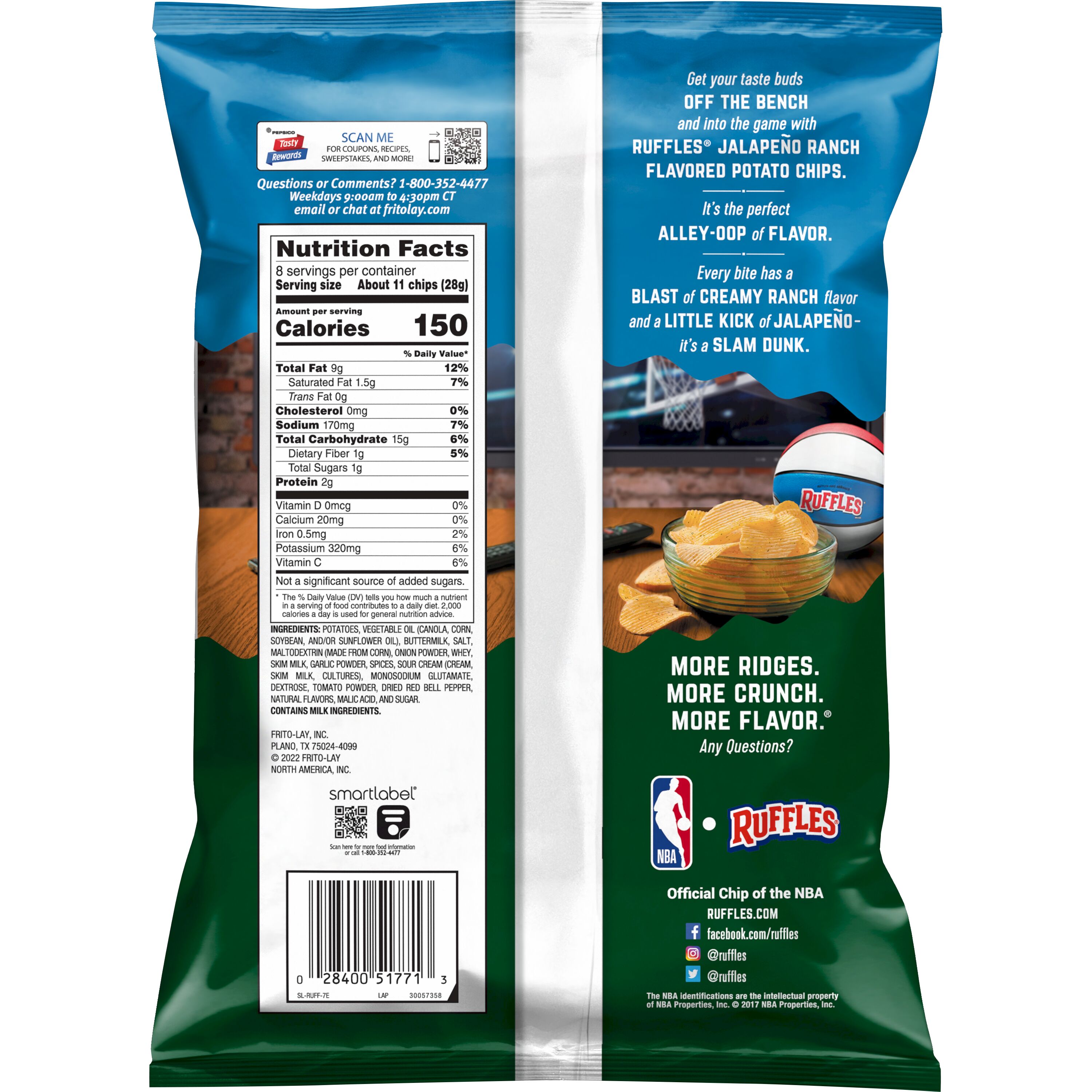 Ruffles Potato Chips Jalapeno Ranch Flavored 8.0 oz Bag thumbnail 2