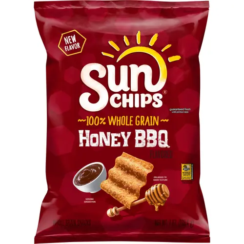 SunChips Whole Grain Snack Chips, Honey BBQ,  7 oz Bag