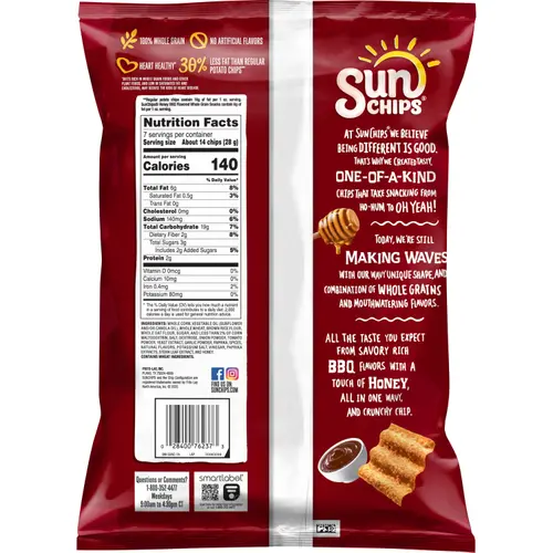 SunChips Whole Grain Snack Chips, Honey BBQ,  7 oz Bag thumbnail 2
