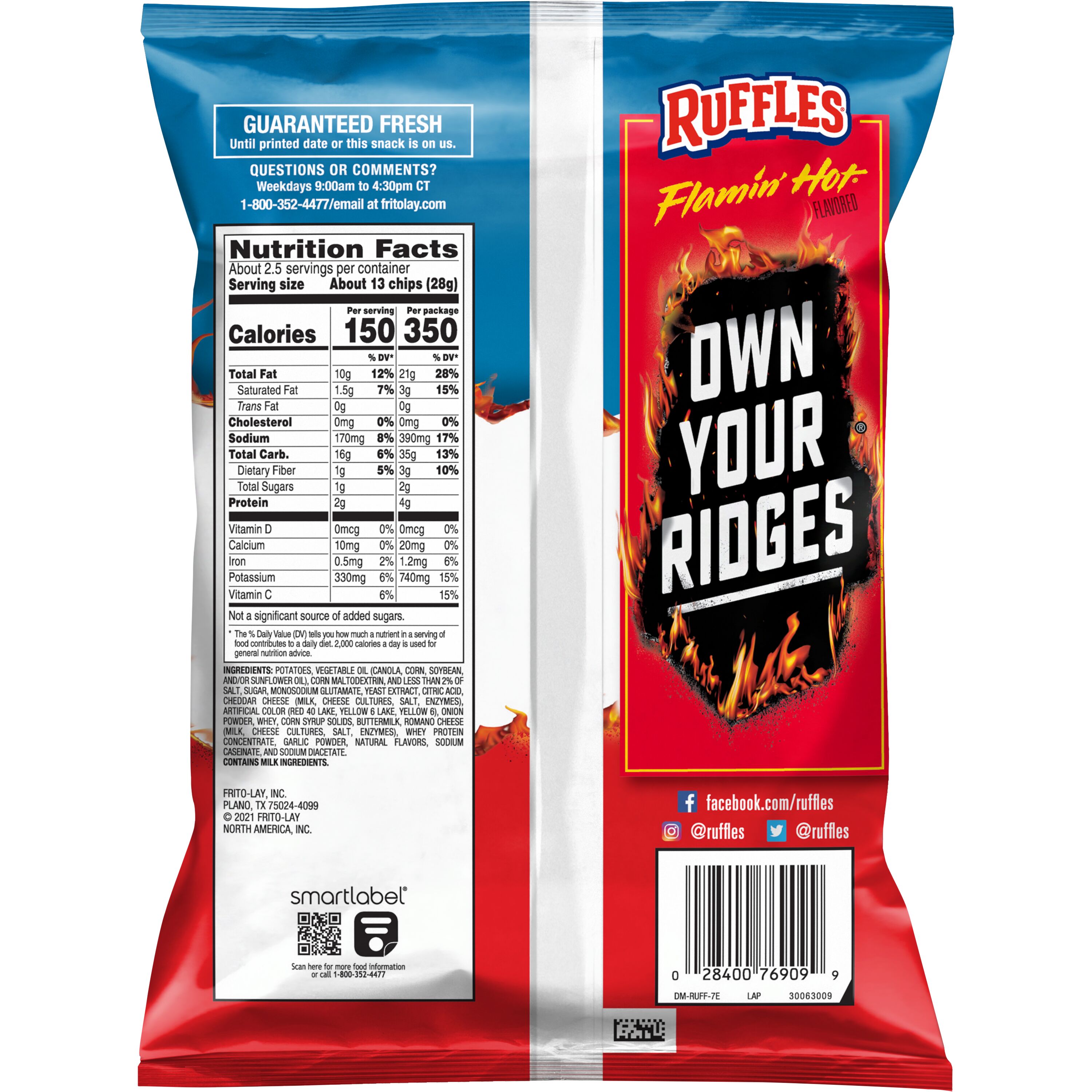 Ruffles Potato Chips Flamin' Hot Flavored, 2.25 oz Bag thumbnail 2