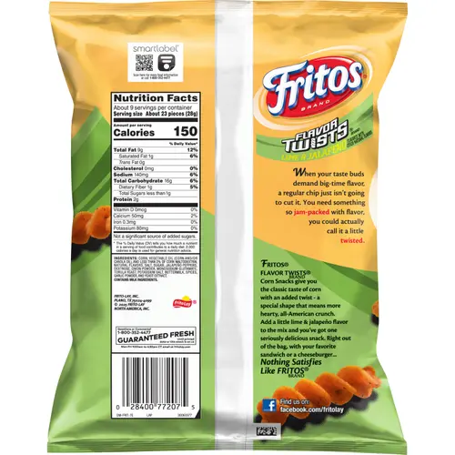Fritos Flavor Twists Corn Snacks, Lime & Jalapeno Flavor, 9.25 oz thumbnail 2