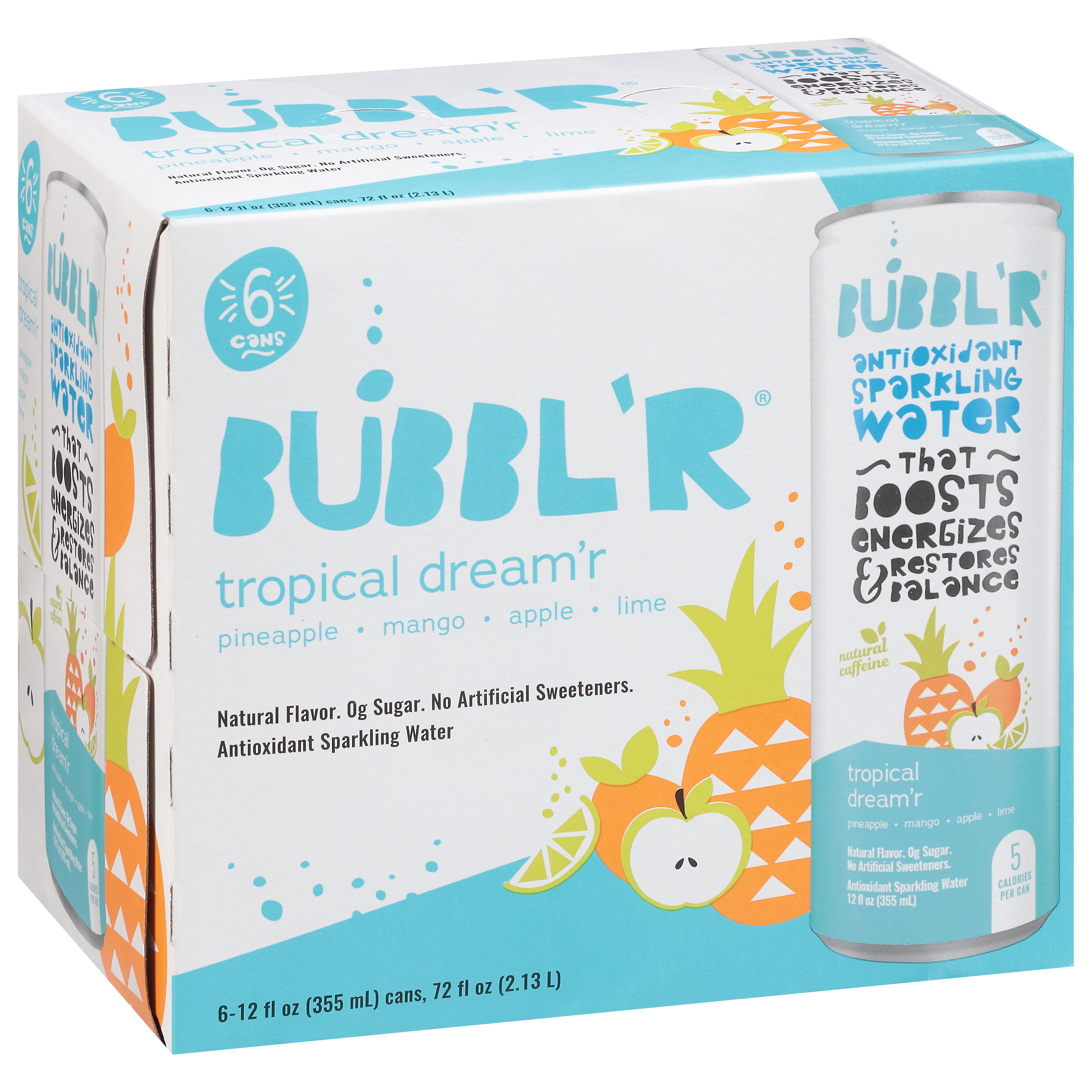 BUBBL'R Antioxidant Sparkling Water, Tropical Dream'r, 12 fl oz, 6 Pack Cans