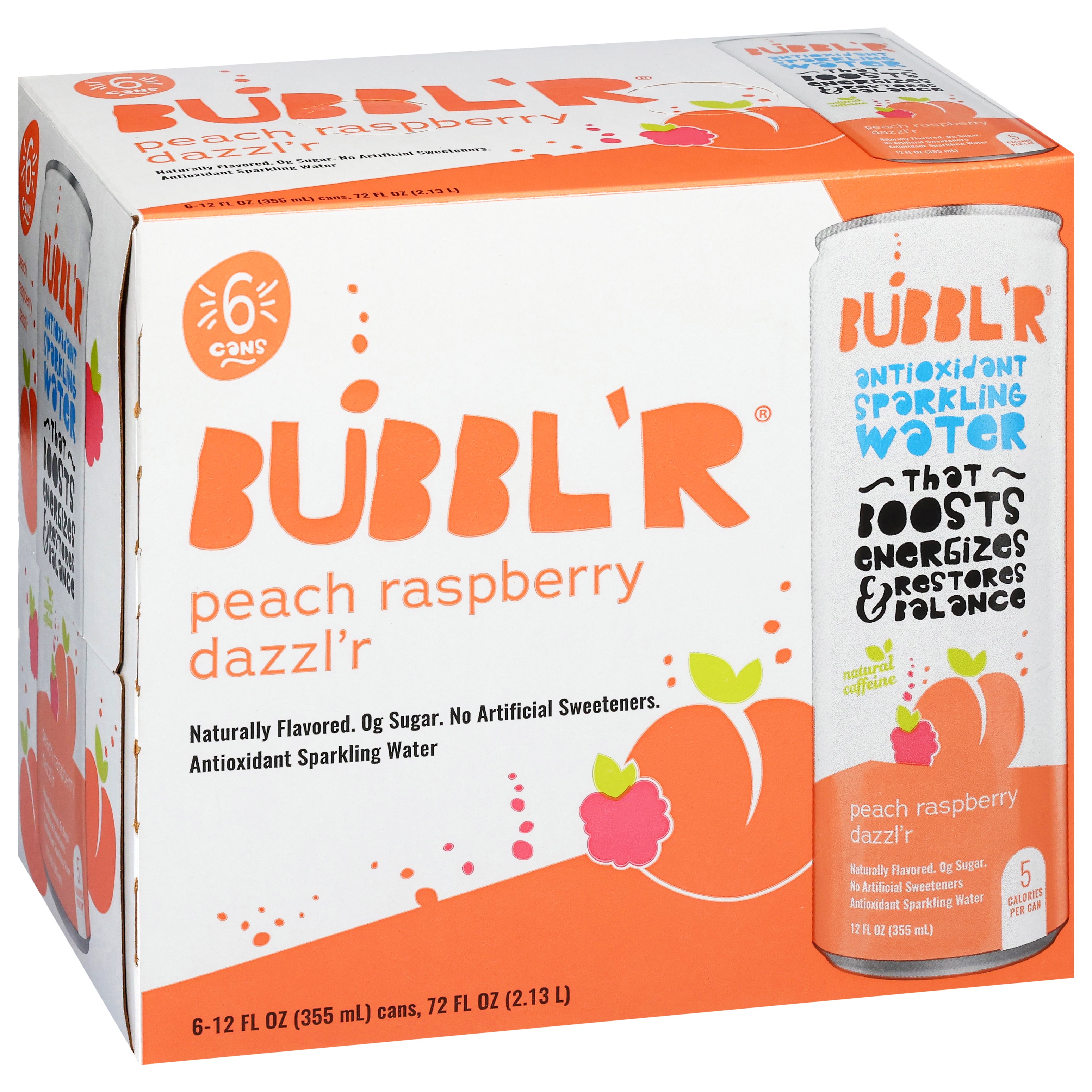 Bubbl'r Sparkling Water Peach Raspberry Dazzlr 12 fl oz, 6 Count Cans