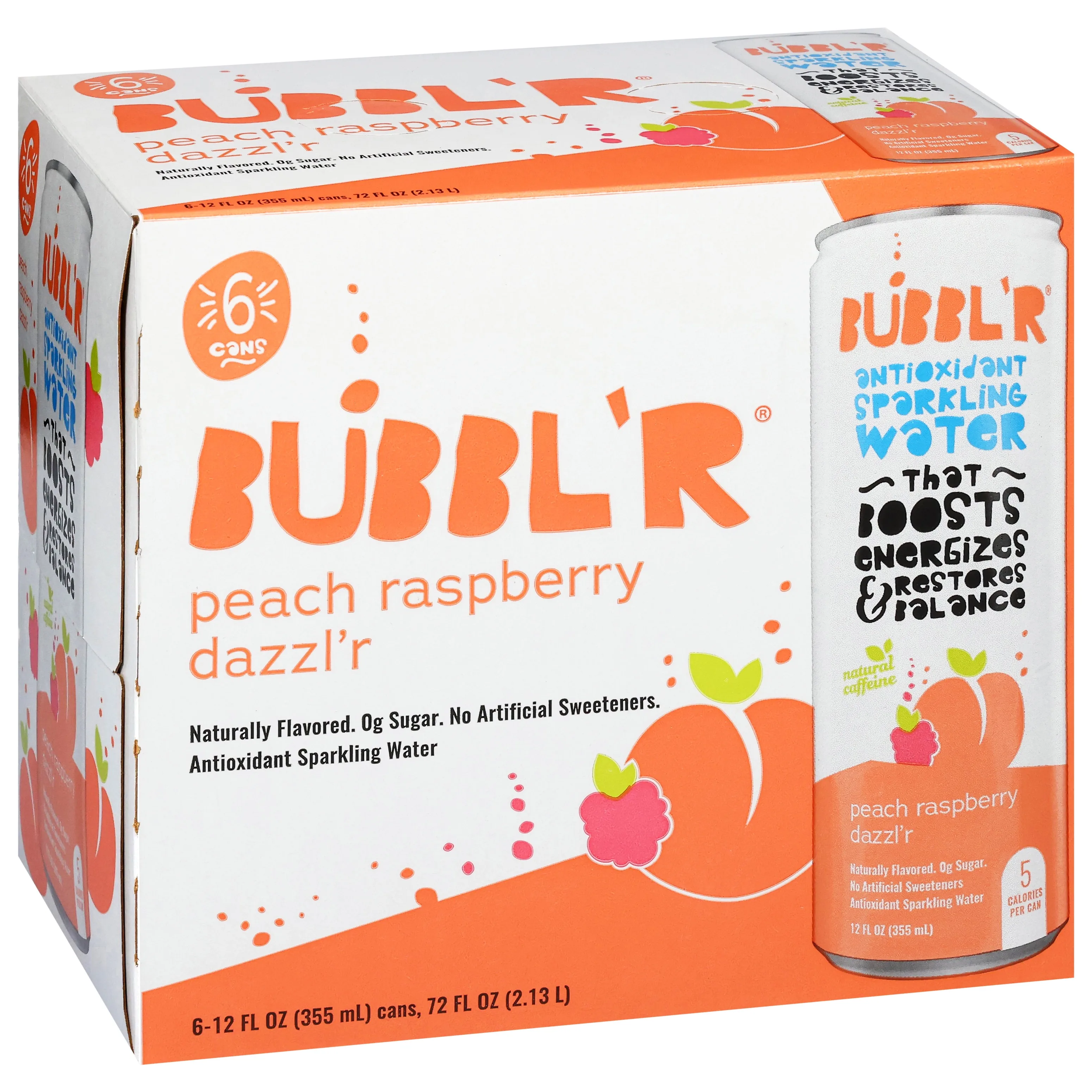 Bubbl'r Sparkling Water Peach Raspberry Dazzlr 12 fl oz, 6 Count Cans