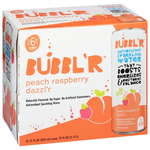 Bubbl'r Sparkling Water Peach Raspberry Dazzlr 12 fl oz, 6 Count Cans