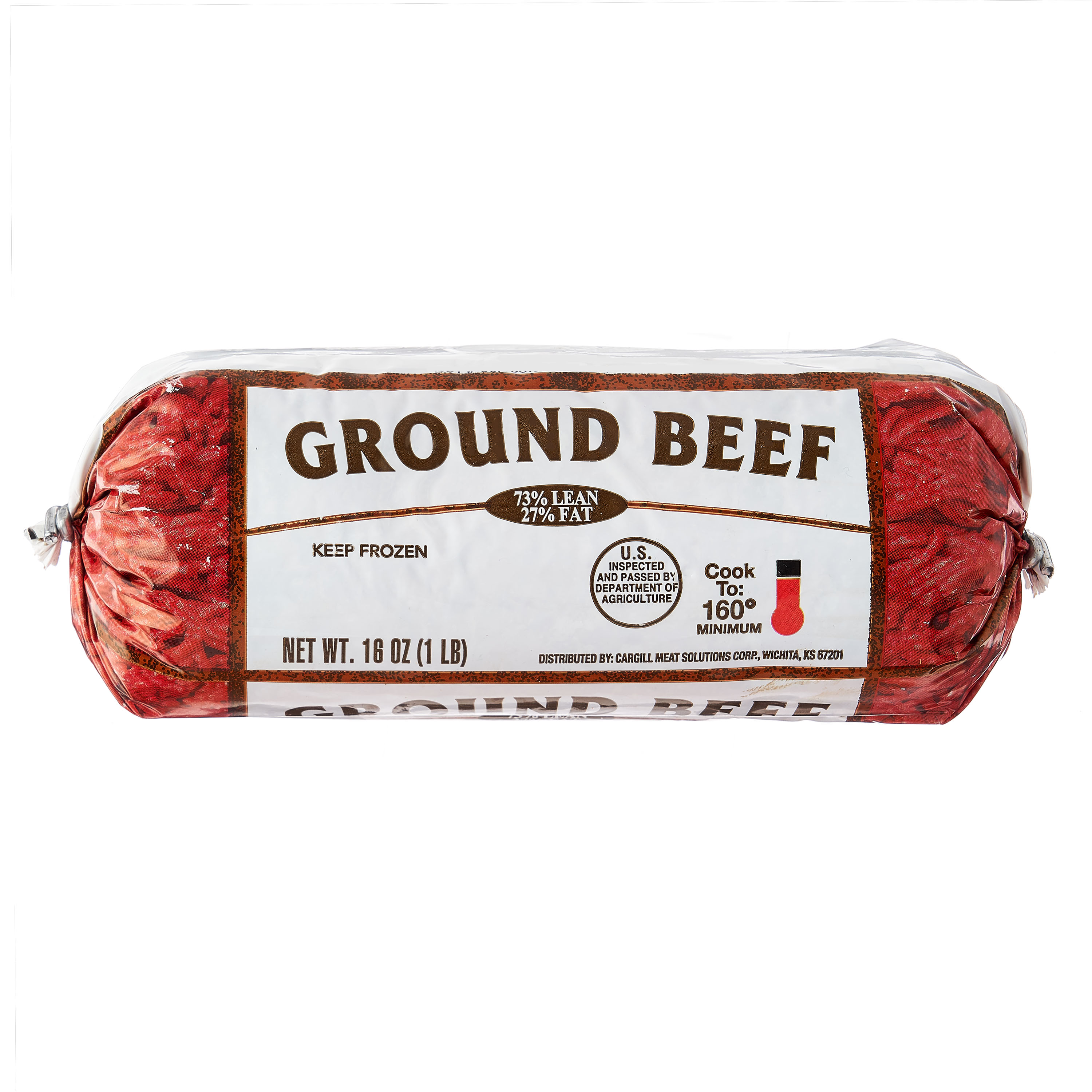 73% Lean / 27% Fat Ground Beef, 1lb Roll, Frozen