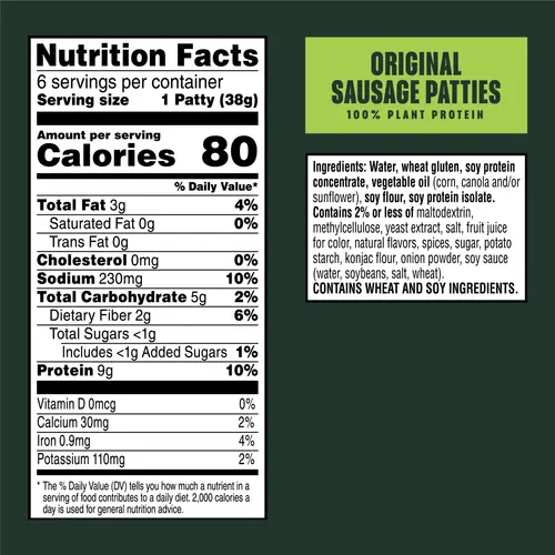 MorningStar Farms Veggie Breakfast Vegan Original Plant Based Sausage Patties, 8 oz, 6 Count Bag thumbnail 3
