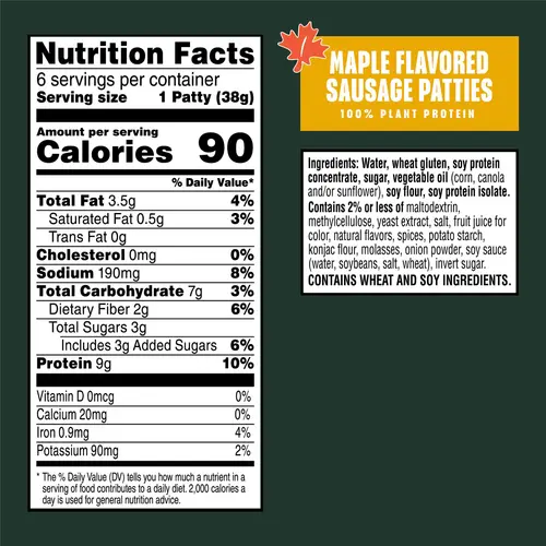 MorningStar Farms Veggie Breakfast Vegan Maple Flavored Plant Based Sausage Patties, 8 oz, 6 Count Bag thumbnail 3