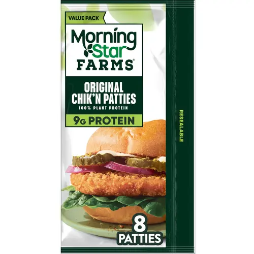 MorningStar Farms Vegan Original Plant Based Chik'n Patties, 20 oz, 8 Count Bag