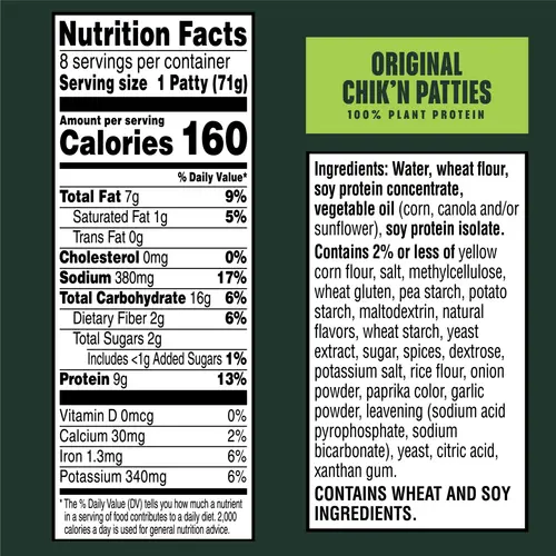MorningStar Farms Vegan Original Plant Based Chik'n Patties, 20 oz, 8 Count Bag thumbnail 3