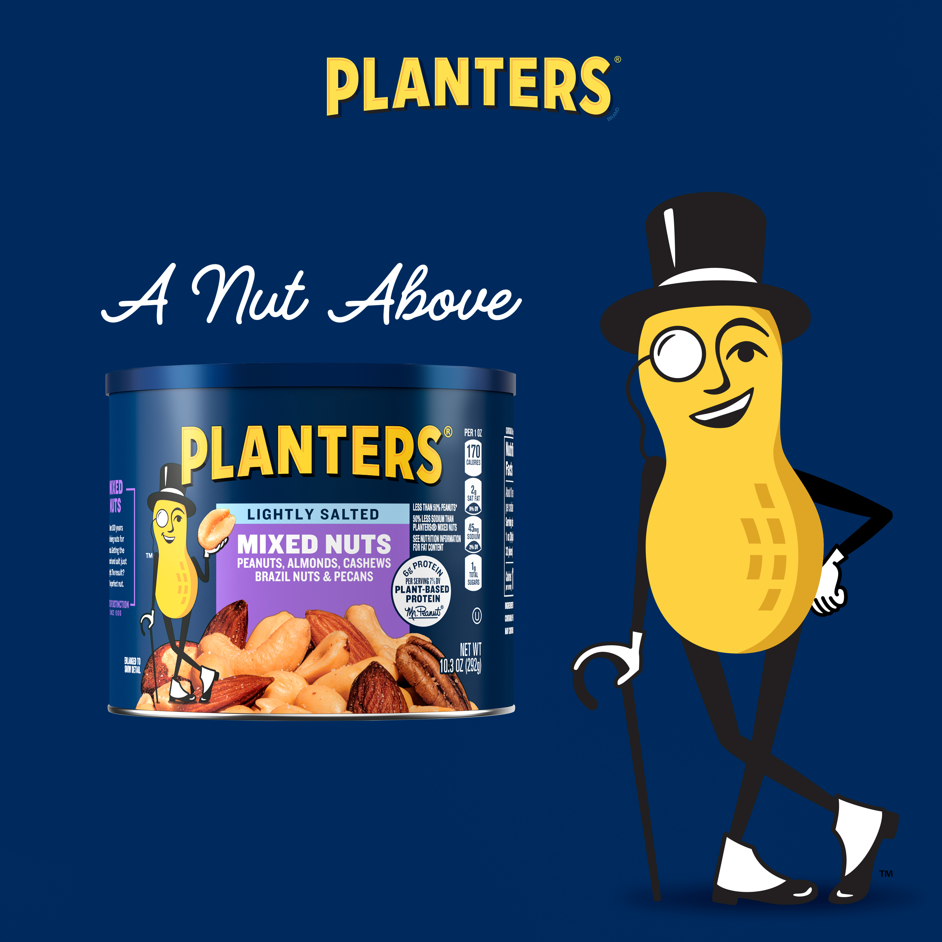 Planters Lightly Salted Mixed Nuts with Peanuts, Almonds, Cashews, Hazelnuts & Pecans, 10.3 oz Canister thumbnail 3