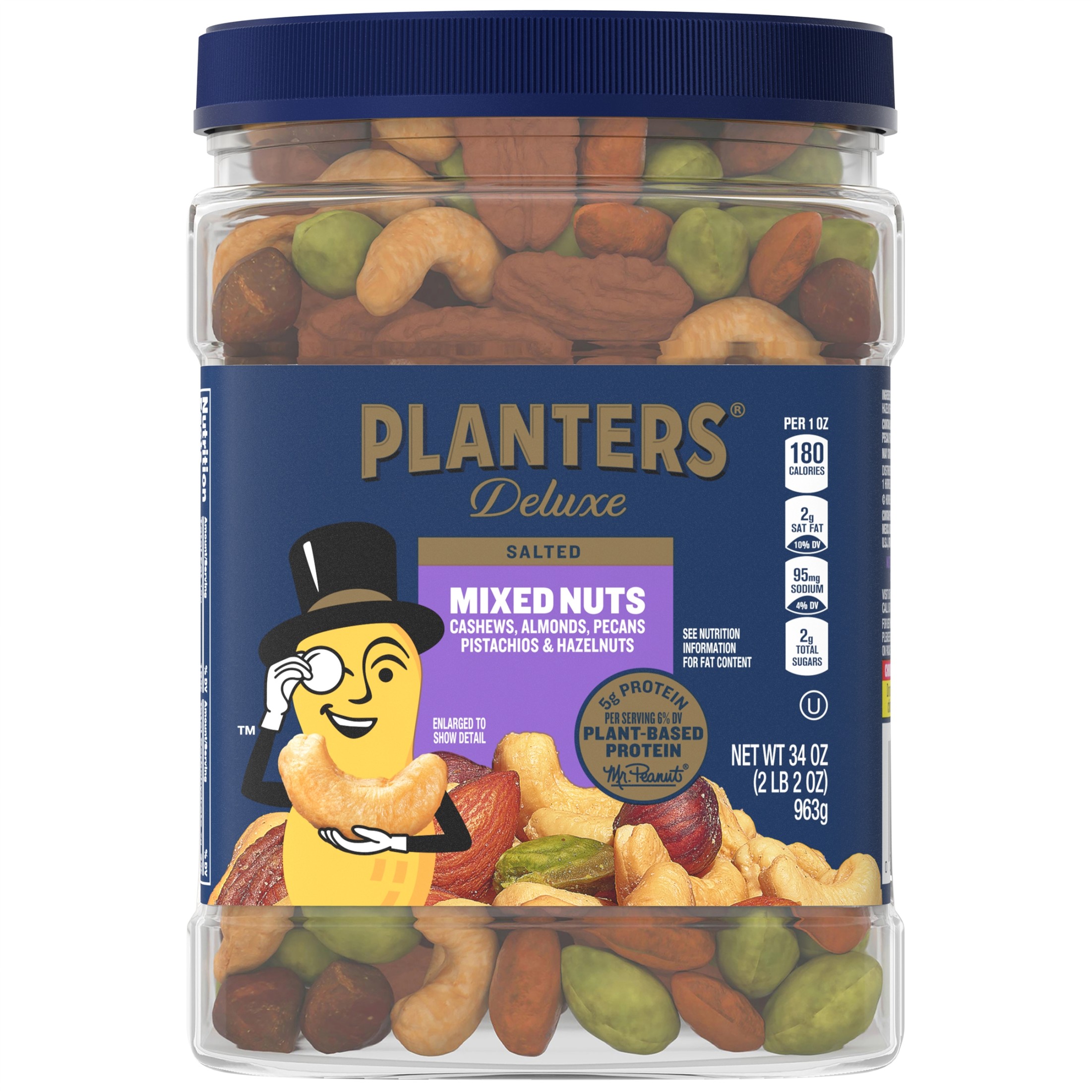 PLANTERS Deluxe Salted Mixed Nuts, Party Snacks, Plant-Based Protein, 34 oz Plastic Jar
