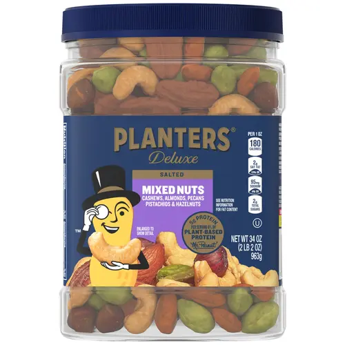 PLANTERS Deluxe Salted Mixed Nuts, Party Snacks, Plant-Based Protein, 34 oz Plastic Jar