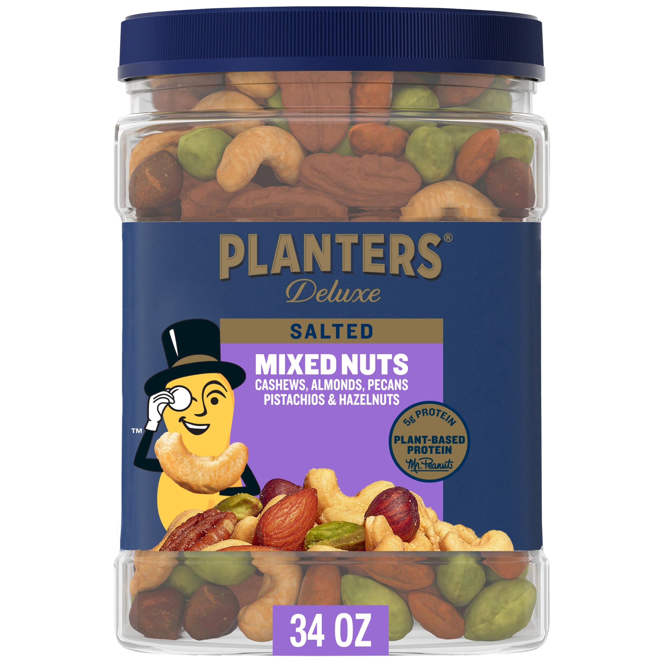 PLANTERS Deluxe Salted Mixed Nuts, Party Snacks, Plant-Based Protein, 34 oz Plastic Jar thumbnail 4