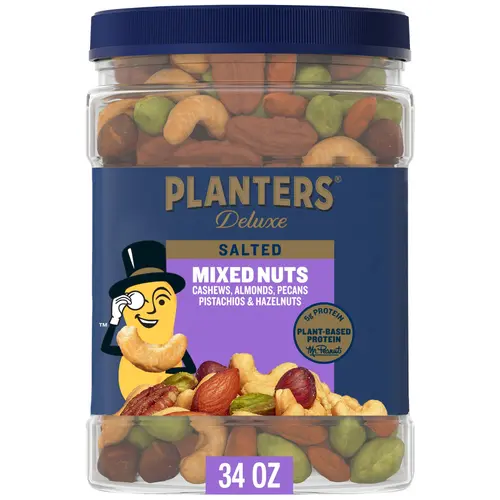 PLANTERS Deluxe Salted Mixed Nuts, Party Snacks, Plant-Based Protein, 34 oz Plastic Jar thumbnail 4