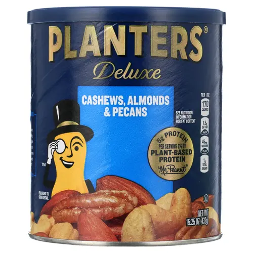 PLANTERS Deluxe Cashews, Almonds & Pecans, Party Snacks, Plant-Based Protein, 15.25 oz Canister