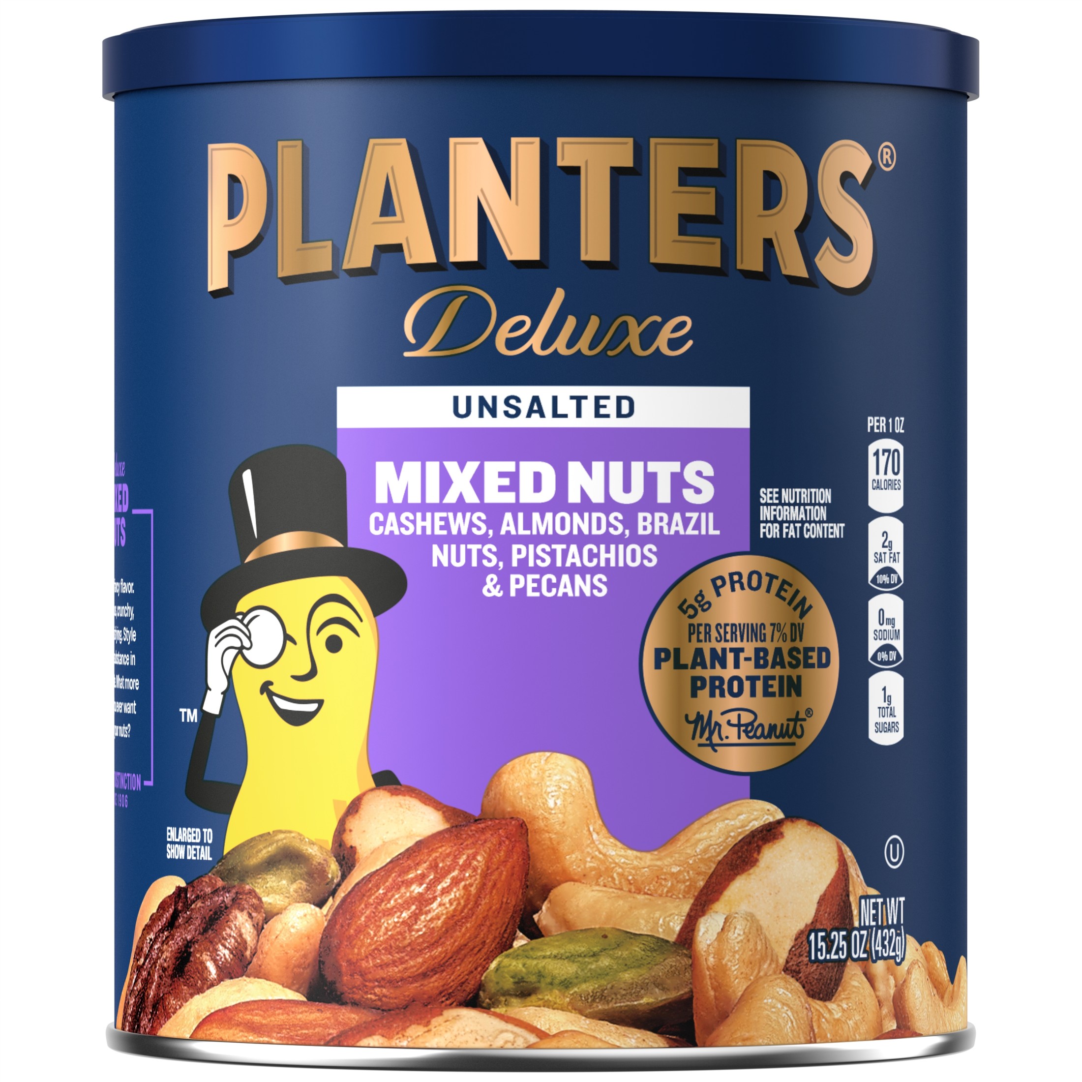 PLANTERS Deluxe Unsalted Mixed Nuts, Party Snacks, Plant-Based Protein, 15.25 Oz Steel Can