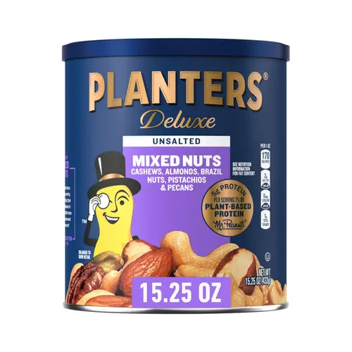 PLANTERS Deluxe Unsalted Mixed Nuts, Party Snacks, Plant-Based Protein, 15.25 Oz Steel Can thumbnail 4