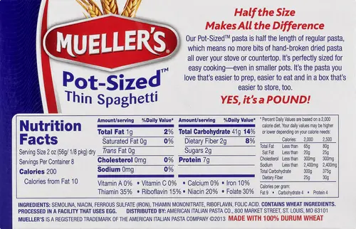 Mueller's Pot-Sized Sodium-Free, Cholesterol-Free Thin Spaghetti Pasta, 16 oz (Shelf-Stable) thumbnail 3