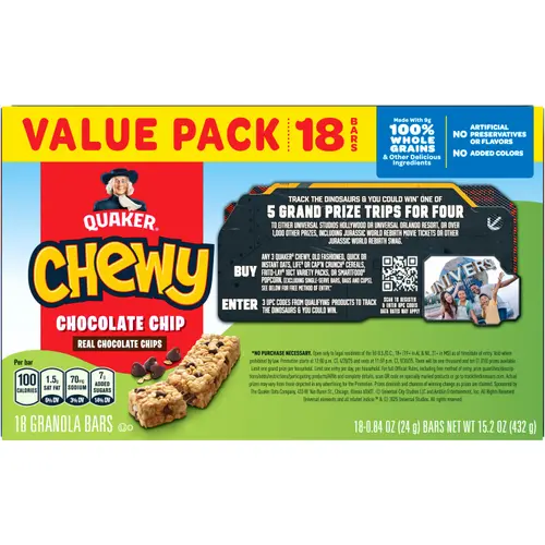 Quaker Chewy Chocolate Chip Granola Bars 18 Count, 0.84 oz Bars thumbnail 3