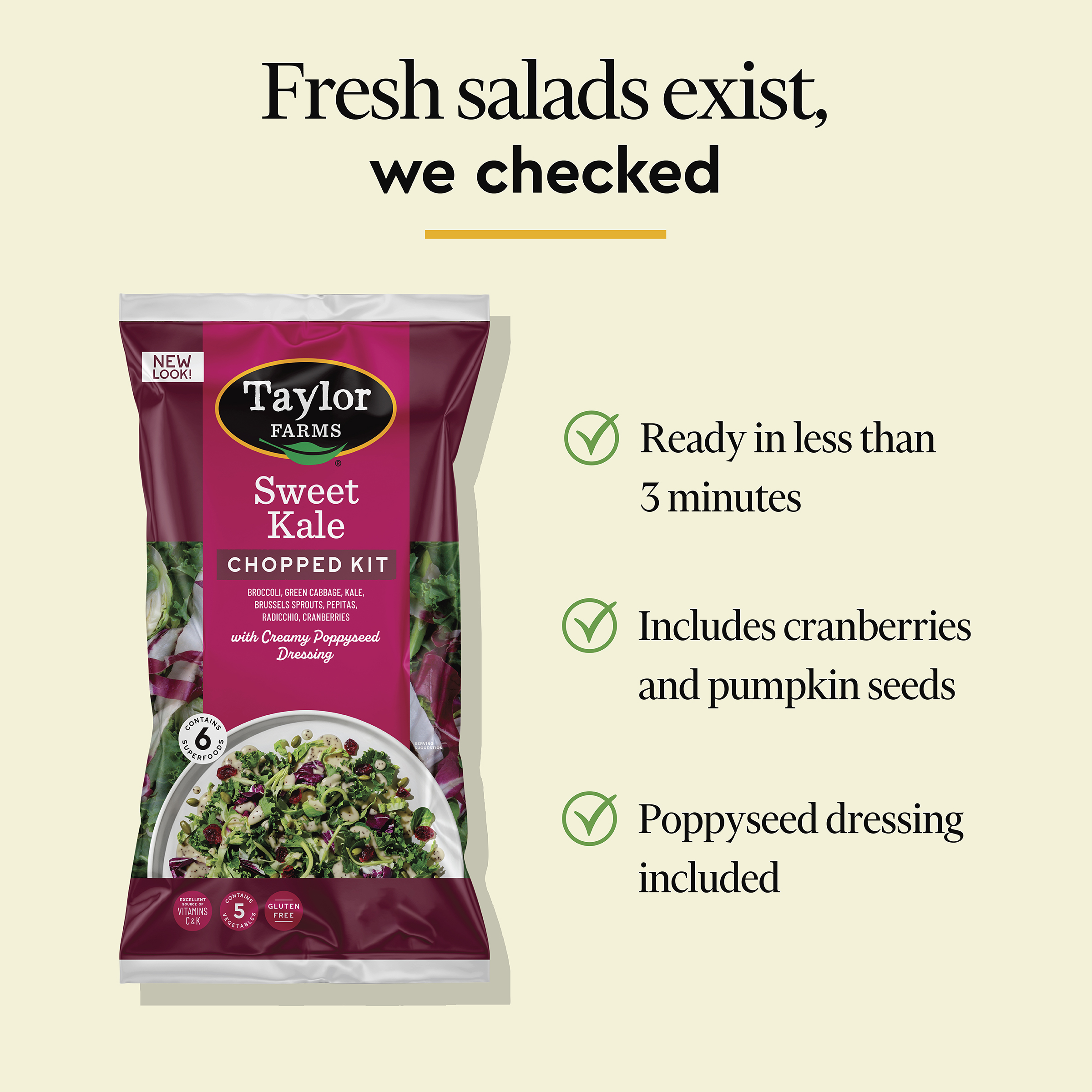 Taylor Farms Sweet Kale Chopped Salad Kit, 12 oz Bag, Fresh thumbnail 3