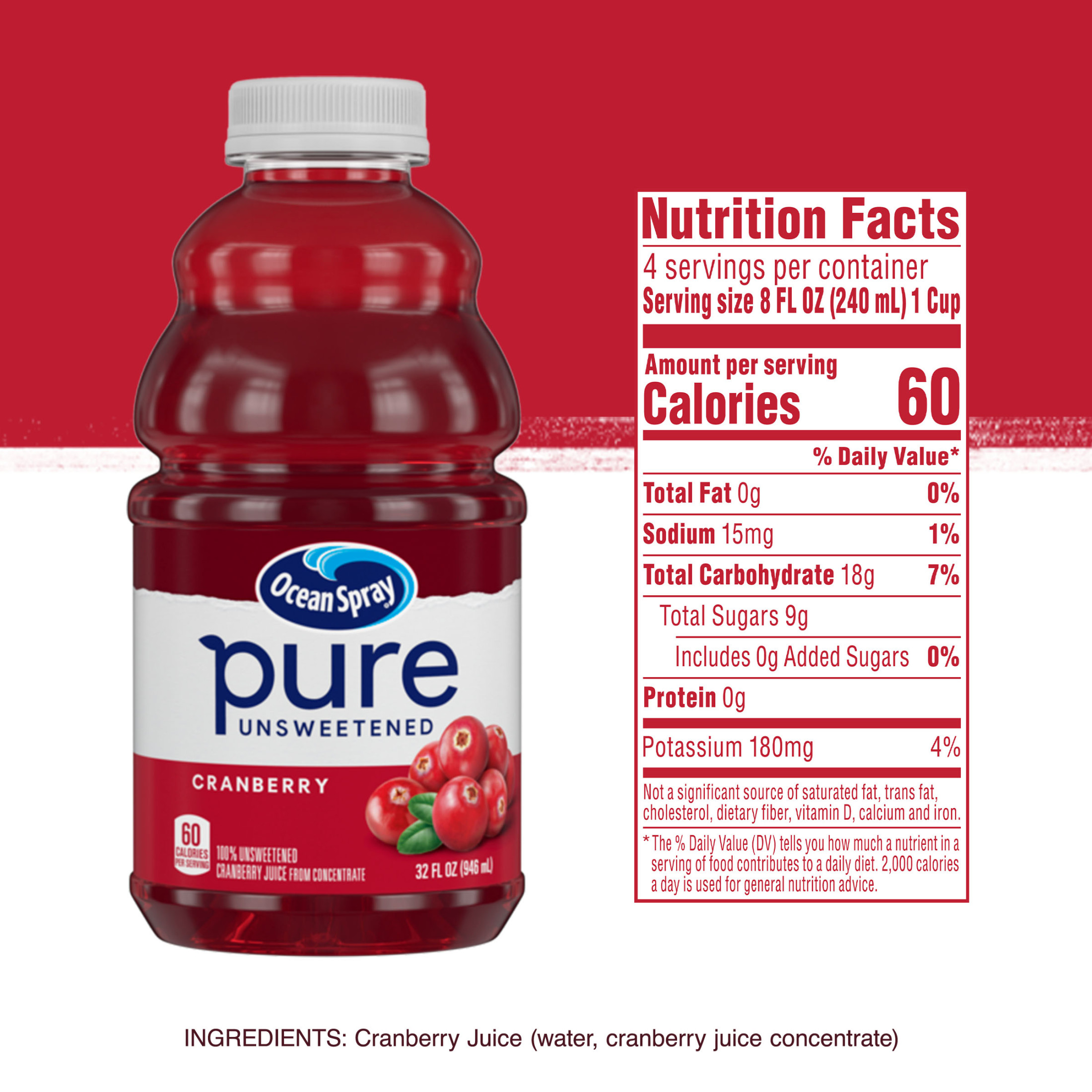 Ocean SprayÂ® Pure Unsweetened Cranberry, 100% Cranberry Juice, 32 fl oz Bottle thumbnail 3