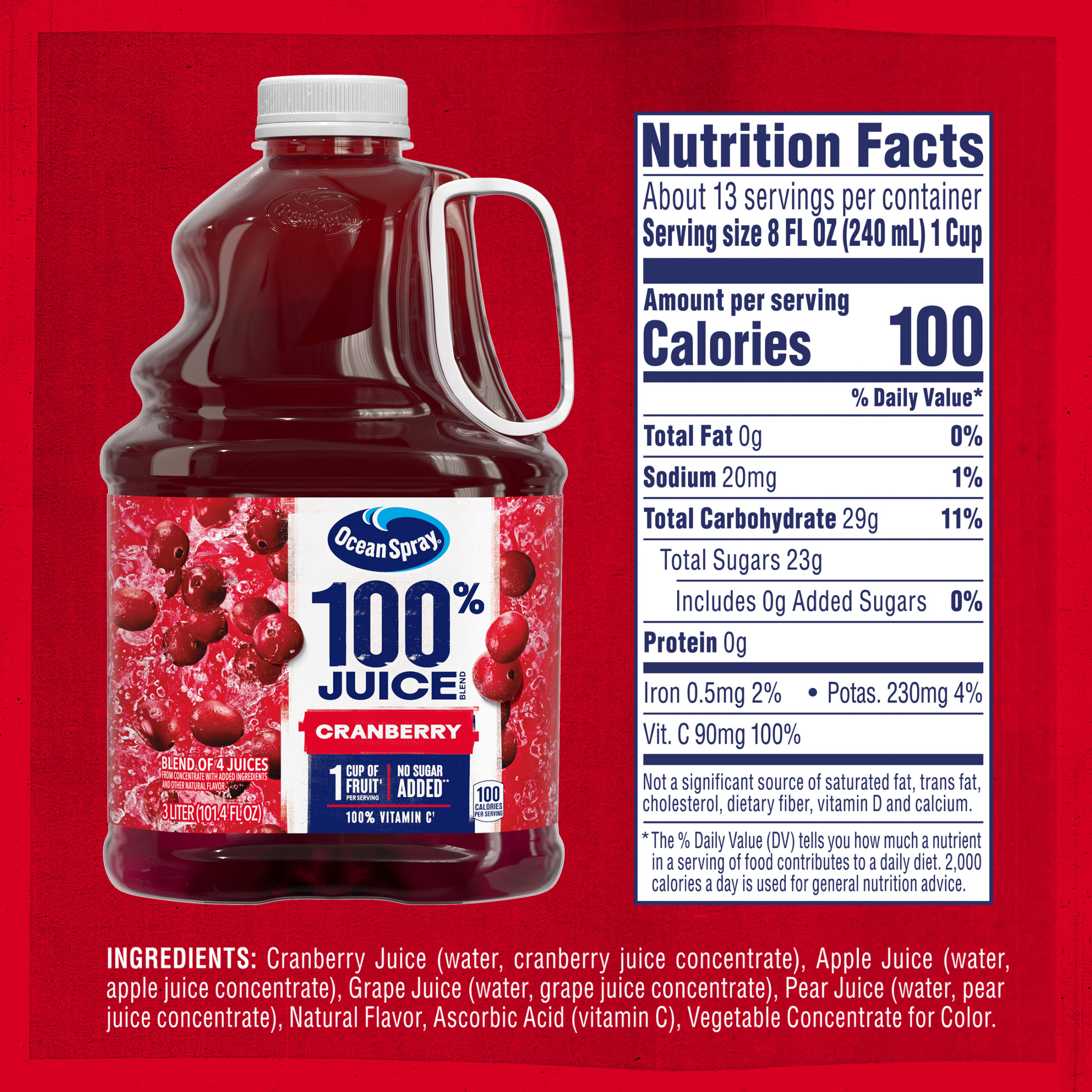 Ocean SprayÂ® 100% Juice Cranberry Juice Blend, 101.4 fl oz Bottle thumbnail 3