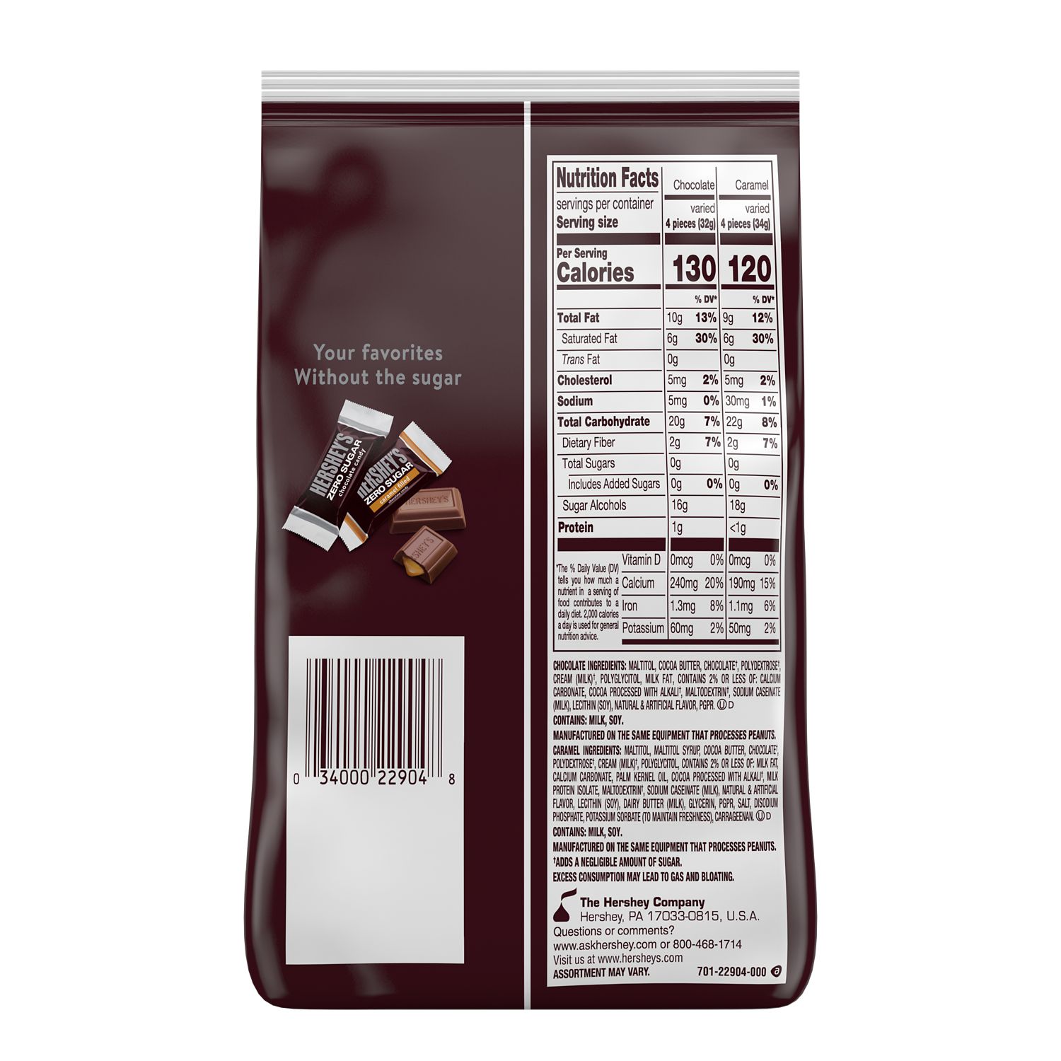 Hershey's, Zero Sugar Chocolate and Caramel Filled Chocolate Assortment Sugar Free Candy Bars, Individually Wrapped, 15.5 oz, Ba thumbnail 2