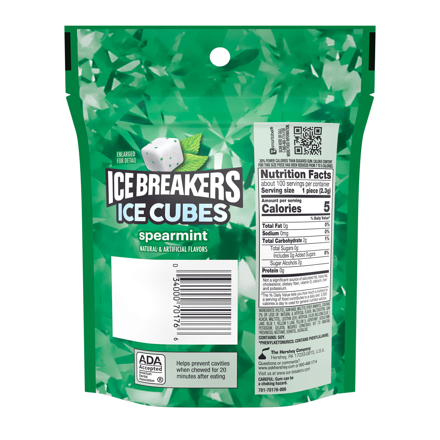 Ice Breakers Ice Cubes Spearmint Sugar Free Chewing Gum, Pouch 8.11 oz, 100 Pieces thumbnail 3