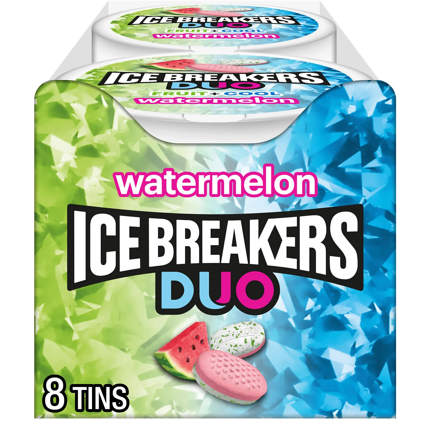 Ice Breakers Duo Fruit Plus Cool Watermelon Sugar Free Mints, Tins 1.3 oz, 8 Count