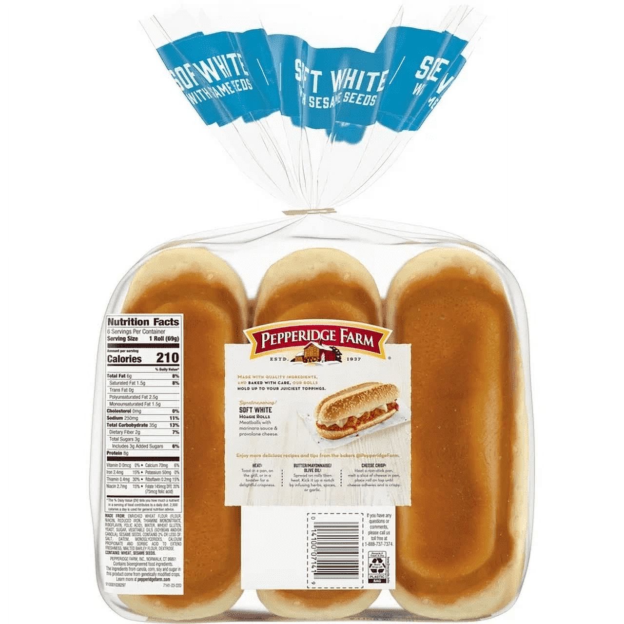 Pepperidge Farm Soft White Hoagie Rolls with Sesame Seeds, 3-Pack 6 Count Bags thumbnail 2