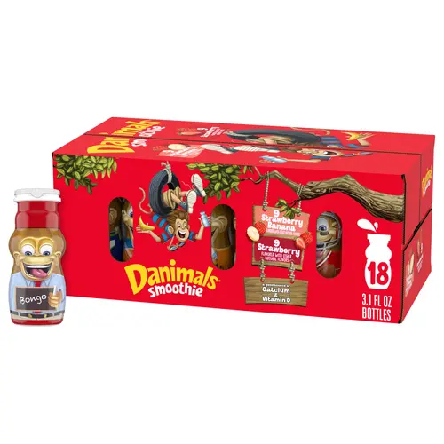 Danimals Smoothie Strawberry Explosion and Swingin' Strawberry Banana Dairy Drink, 3.1 OZ, 18 Ct