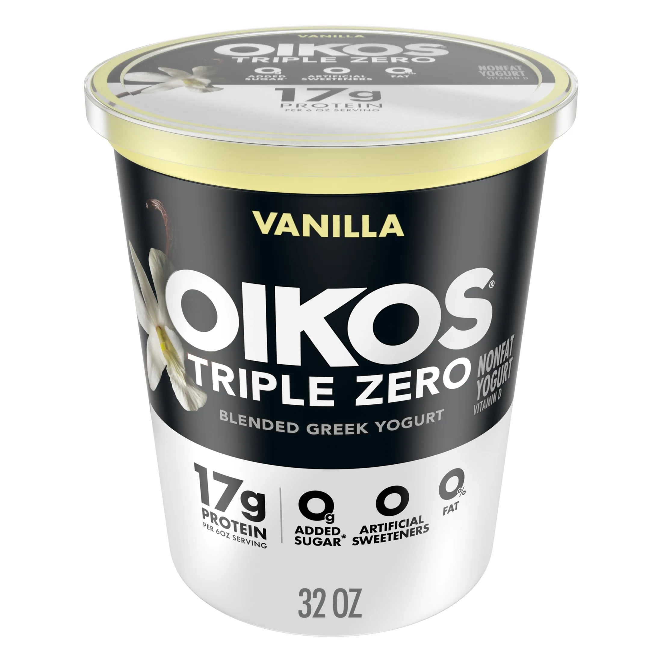 Oikos Triple Zero 17g Protein, 0g Added Sugar, Fat Free Vanilla Greek Yogurt Tub, 32 oz