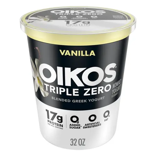 Oikos Triple Zero 17g Protein, 0g Added Sugar, Fat Free Vanilla Greek Yogurt Tub, 32 oz