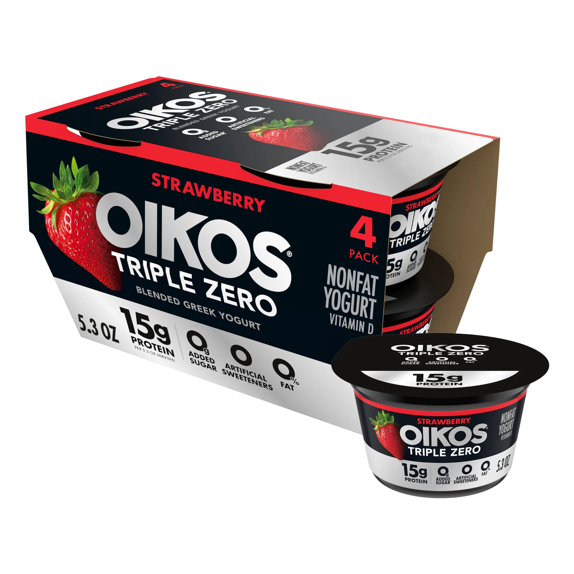 Oikos Triple Zero 15g Protein Fat Free Strawberry Greek Yogurt Cups, 5.3 oz, 4 Ct