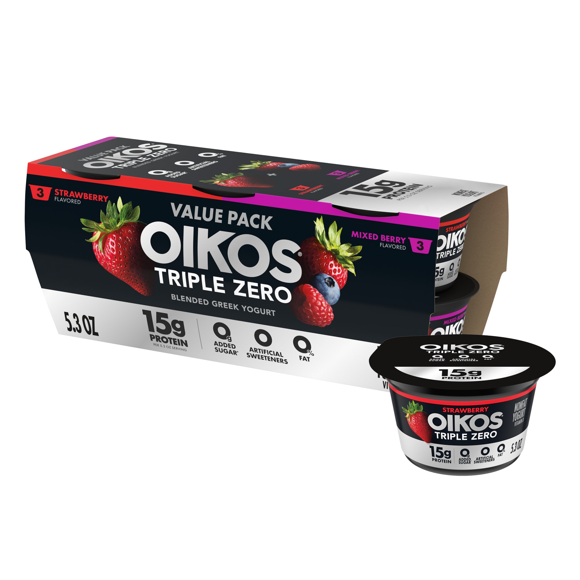 Oikos Triple Zero Strawberry and Mixed Berry 0g Added Sugar Fat Free Greek Yogurt, 5.3 oz, 6 Count