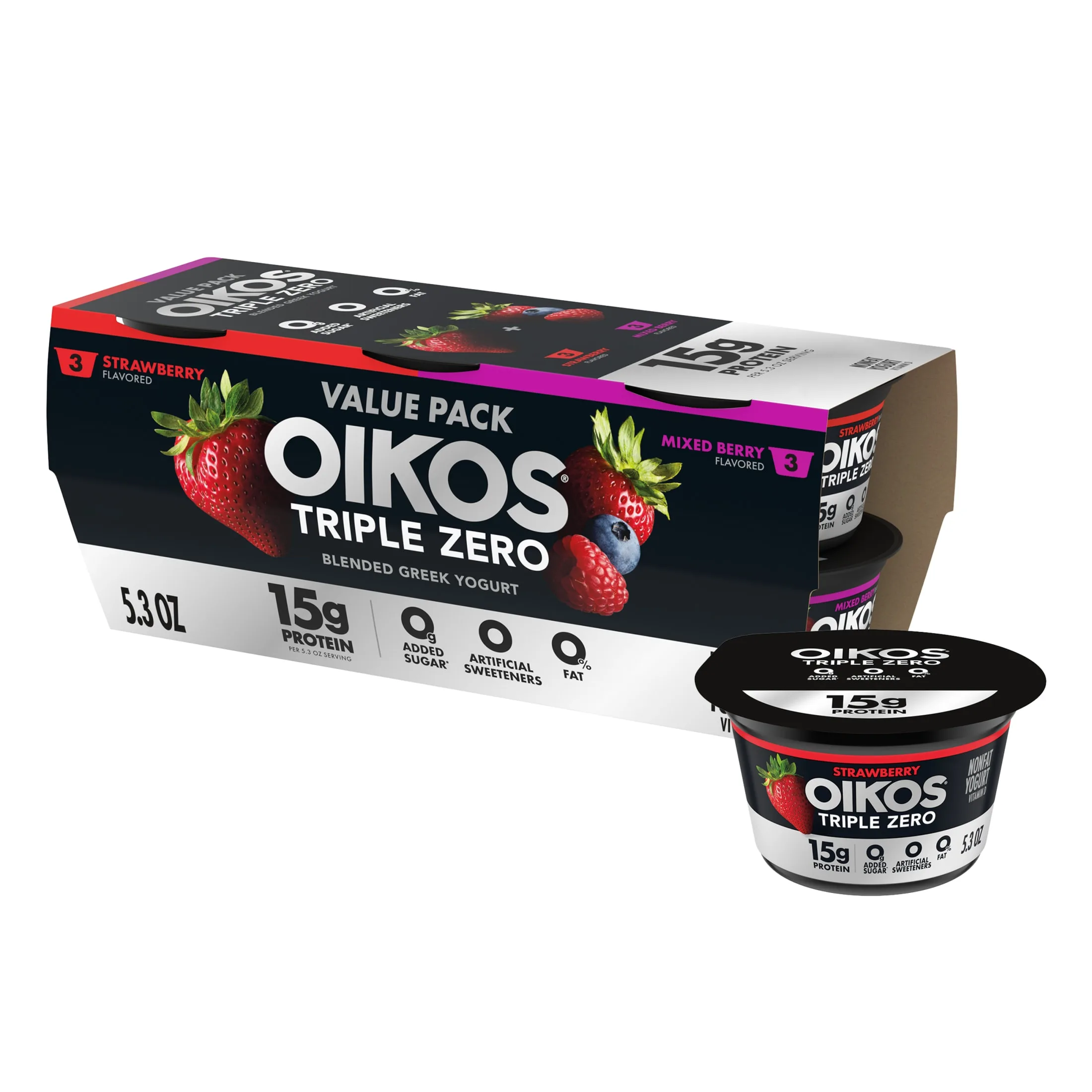 Oikos Triple Zero Strawberry and Mixed Berry 0g Added Sugar Fat Free Greek Yogurt, 5.3 oz, 6 Count