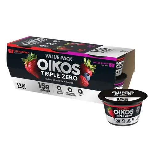 Oikos Triple Zero Strawberry and Mixed Berry 0g Added Sugar Fat Free Greek Yogurt, 5.3 oz, 6 Count