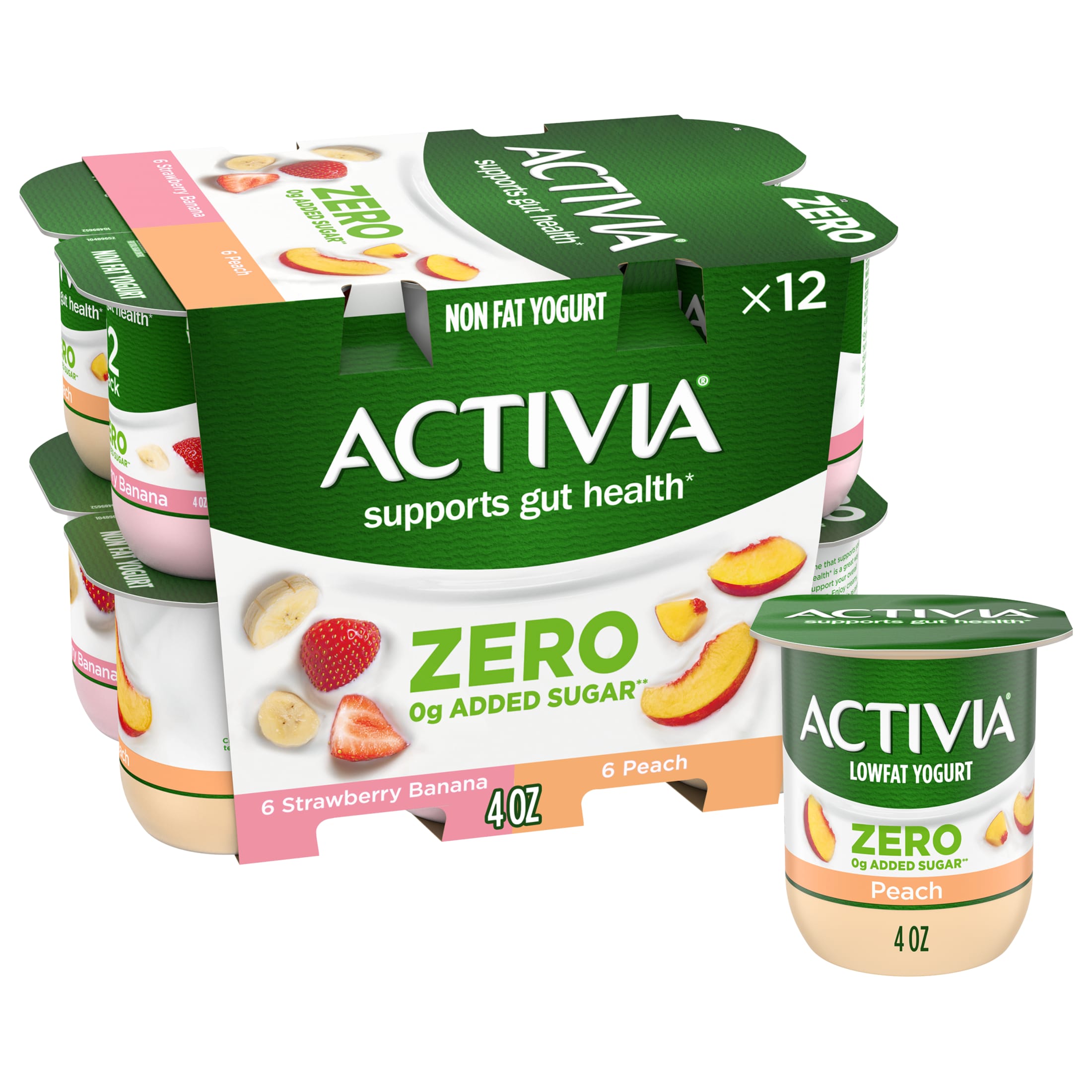 Activia Zero 0g Added Sugar* Strawberry Banana and Peach Probiotic Yogurt, Nonfat Yogurt Cups, 4 OZ, 12 Count