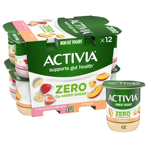 Activia Zero 0g Added Sugar* Strawberry Banana and Peach Probiotic Yogurt, Nonfat Yogurt Cups, 4 OZ, 12 Count