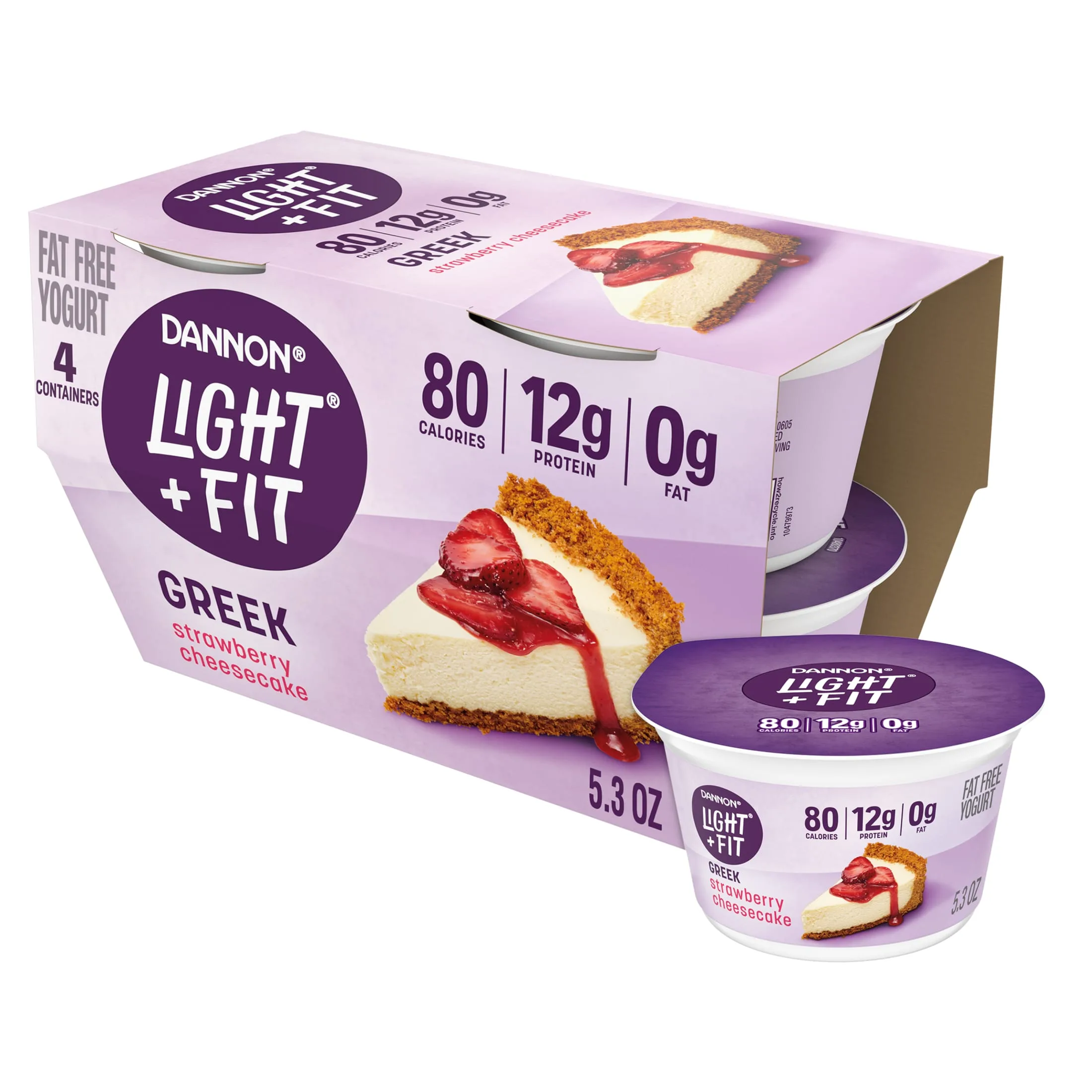 Dannon Light + Fit Strawberry Cheesecake Flavored Greek Fat Free Yogurt Pack, 5.3 oz, 4 Count