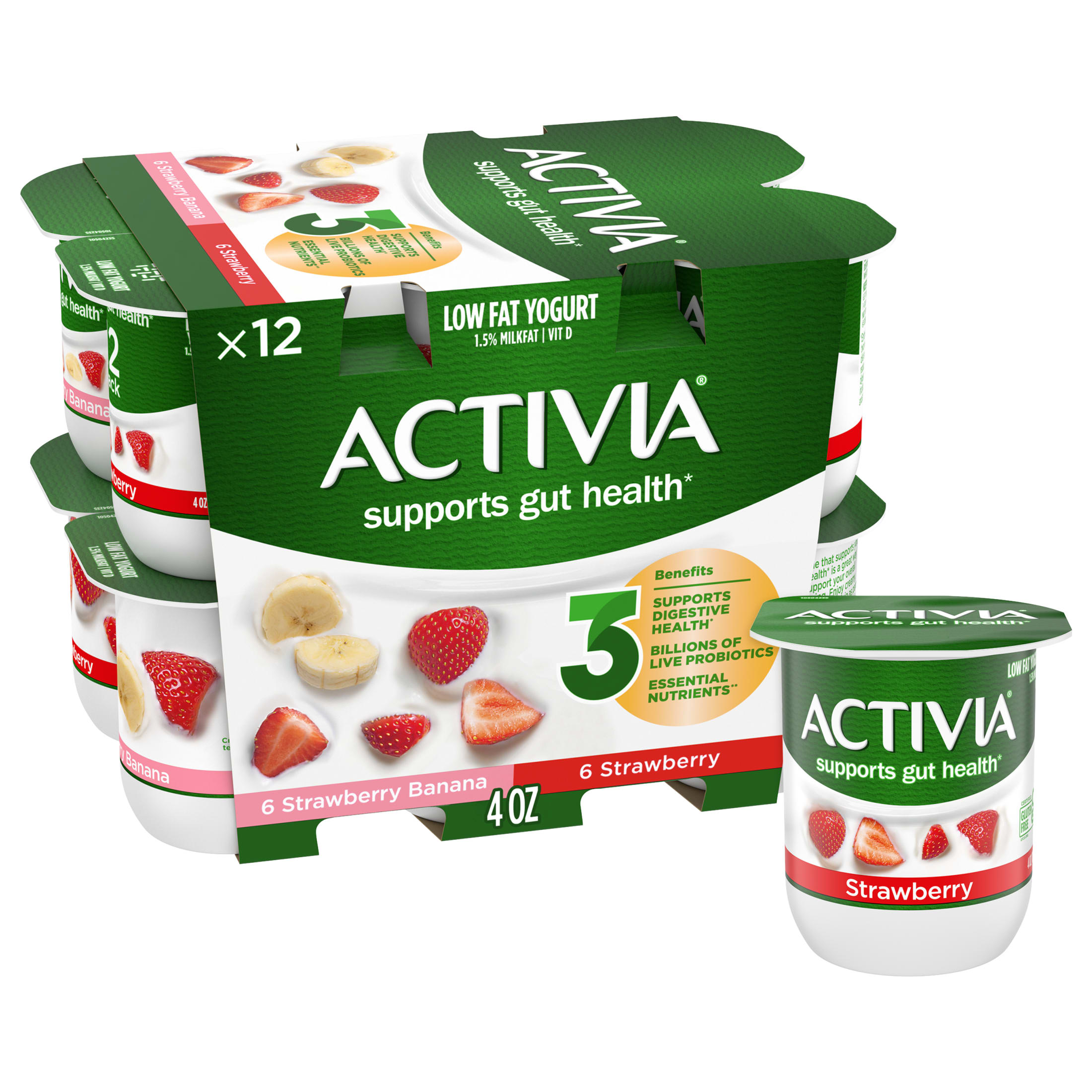 Activia Strawberry and Strawberry Banana Probiotic Yogurt, Lowfat Yogurt Cups, 4 oz, 12 Count