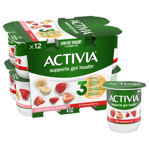 Activia Strawberry and Strawberry Banana Probiotic Yogurt, Lowfat Yogurt Cups, 4 oz, 12 Count thumbnail 2