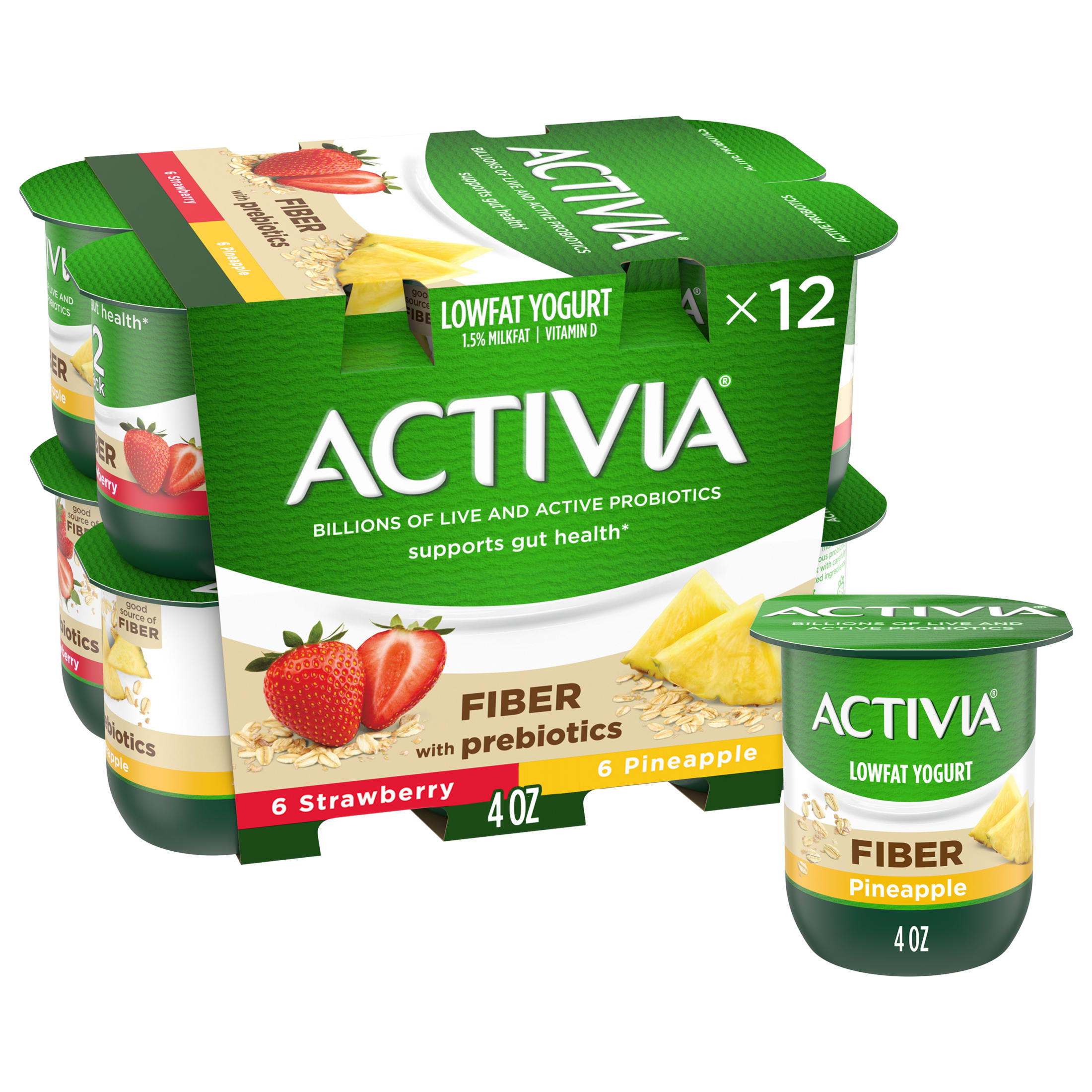 Activia Fiber Strawberry and Pineapple Probiotic Yogurt, Probiotic Lowfat Yogurt Cups, Variety Pack, 4 oz, 12 Count