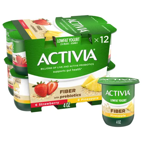 Activia Fiber Strawberry and Pineapple Probiotic Yogurt, Probiotic Lowfat Yogurt Cups, Variety Pack, 4 oz, 12 Count