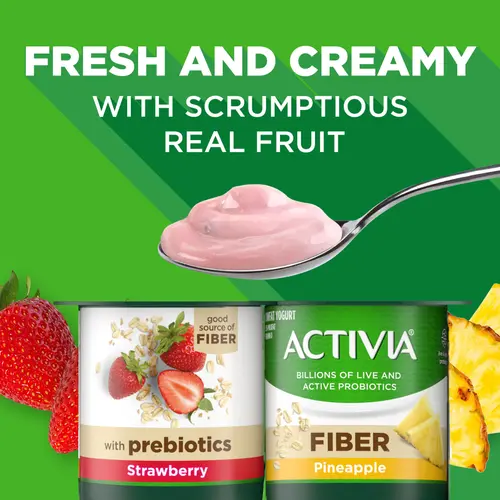 Activia Fiber Strawberry and Pineapple Probiotic Yogurt, Probiotic Lowfat Yogurt Cups, Variety Pack, 4 oz, 12 Count thumbnail 2