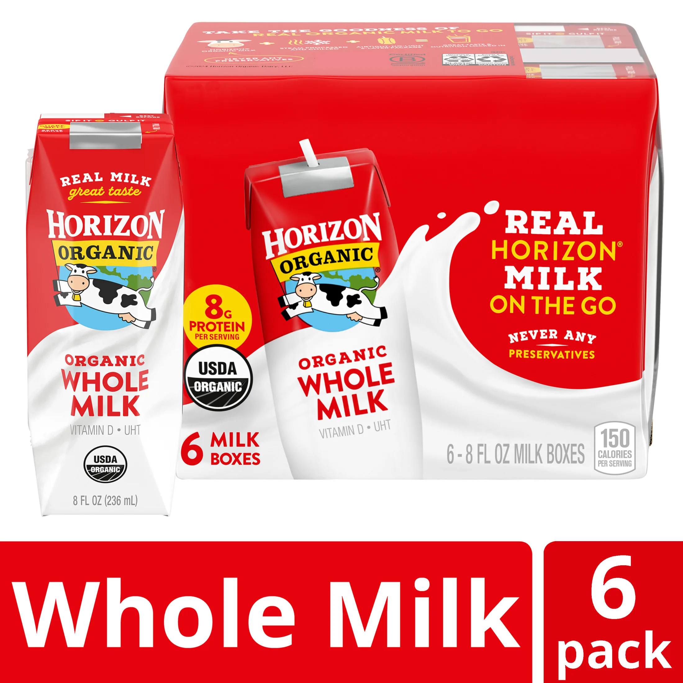 Horizon Organic Shelf-Stable Whole Milk Boxes, 8 fl oz, 6 Pack
