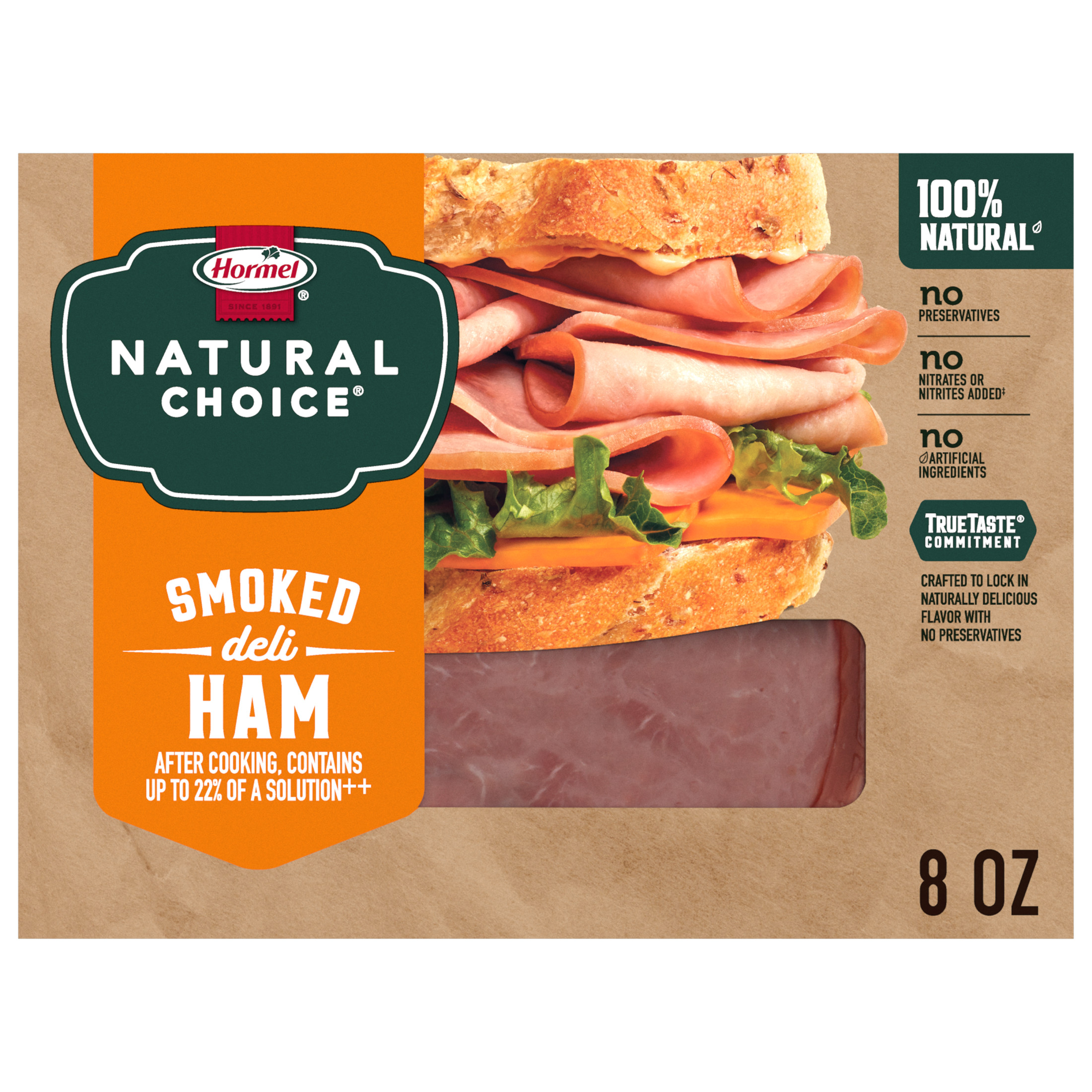 HORMEL NATURAL CHOICE Deli Meat, Smoked Deli Ham, Refrigerated, 8 oz Resealable Plastic Package thumbnail 2