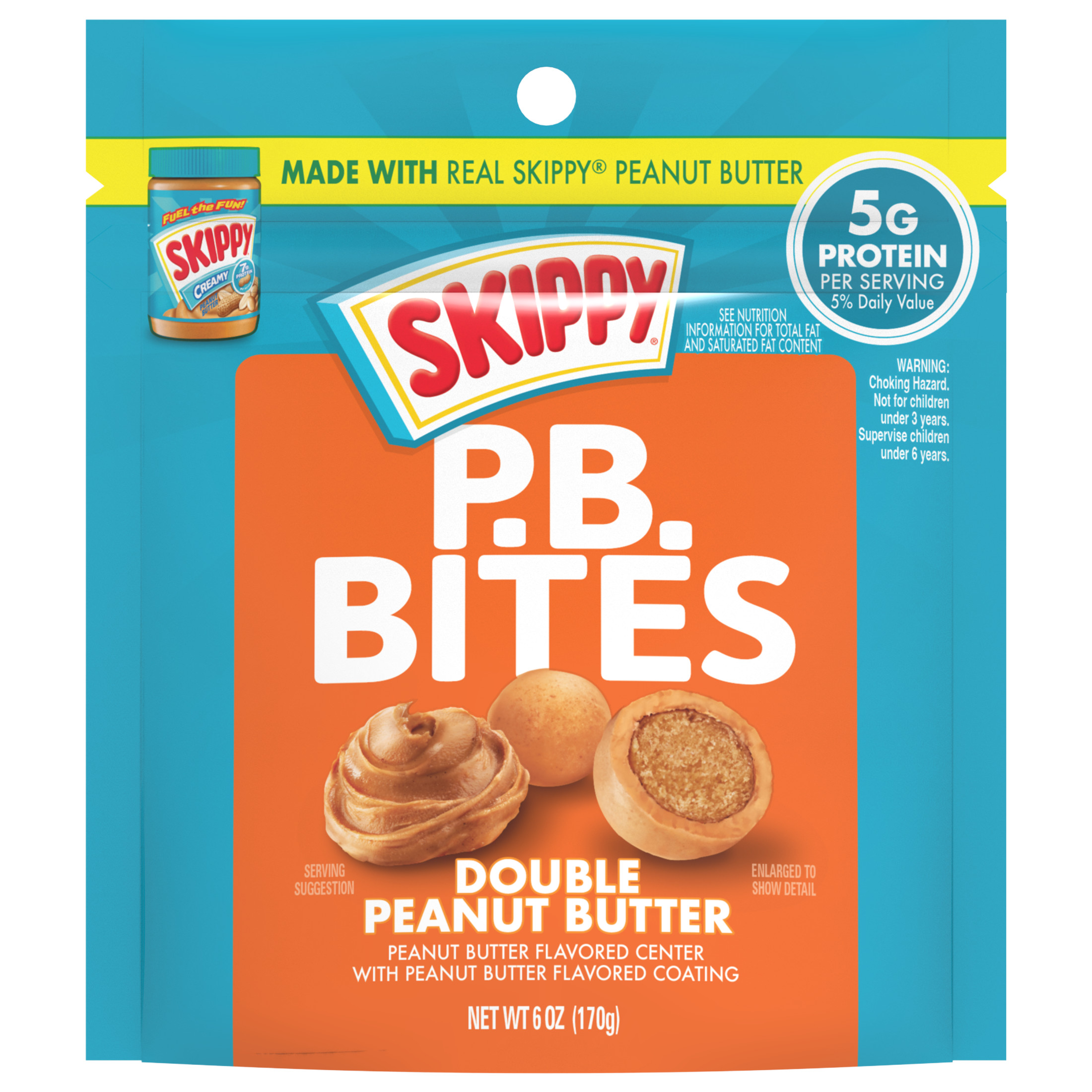 SKIPPY PB Bites Double Peanut Butter Snack, Shelf-Stable, 6 oz Resealable Plastic Pouch