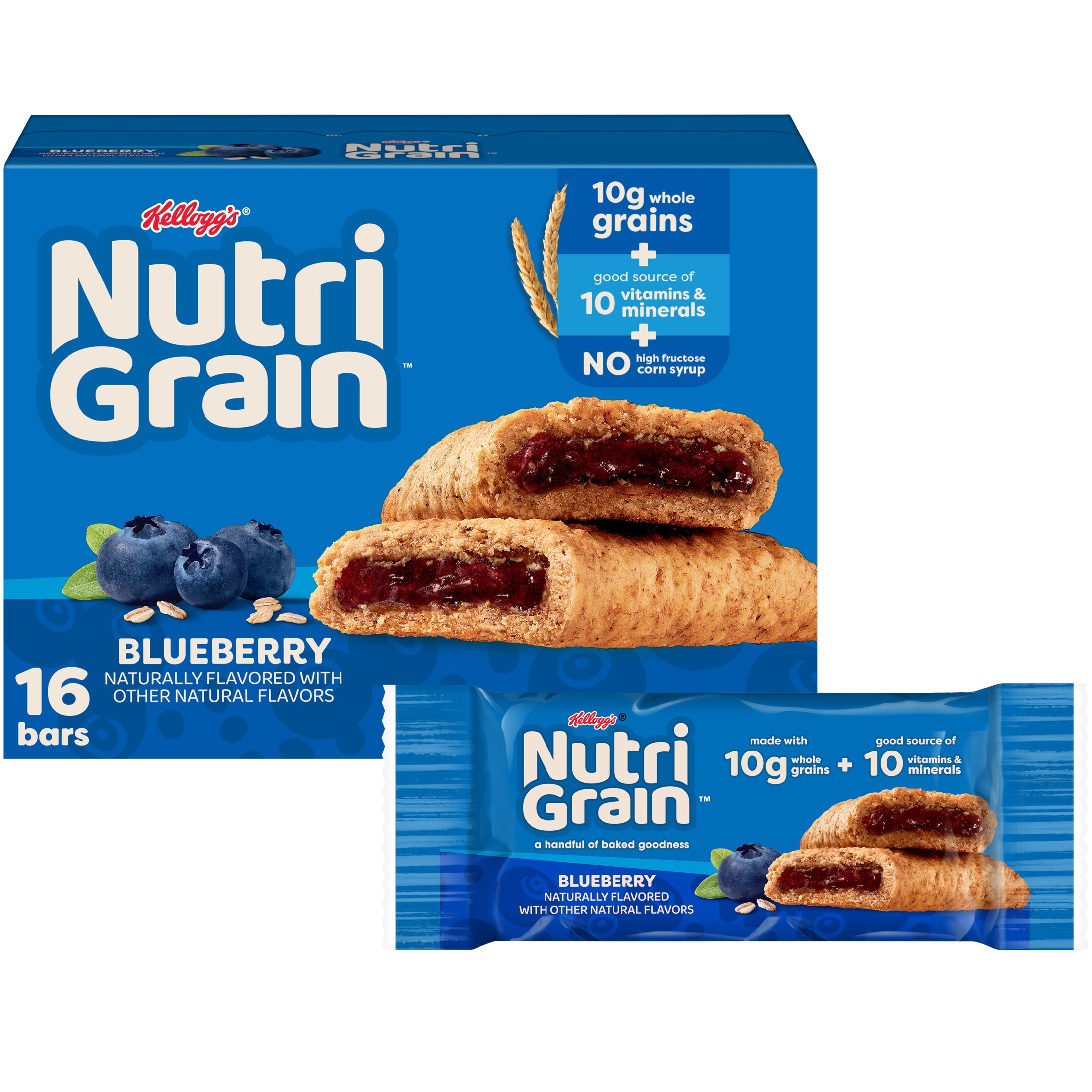 Kellogg's Nutri-Grain Blueberry Chewy Breakfast Bars, Made with 10g Whole Grains, 20.8 oz, 16 Count